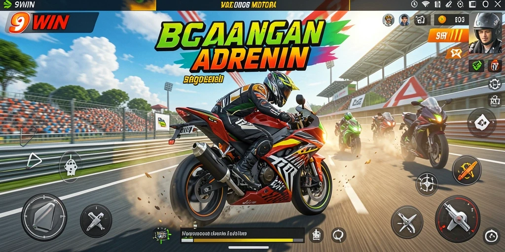 Screenshot utama 9WIN menampilkan aksi balapan motor yang mendebarkan.