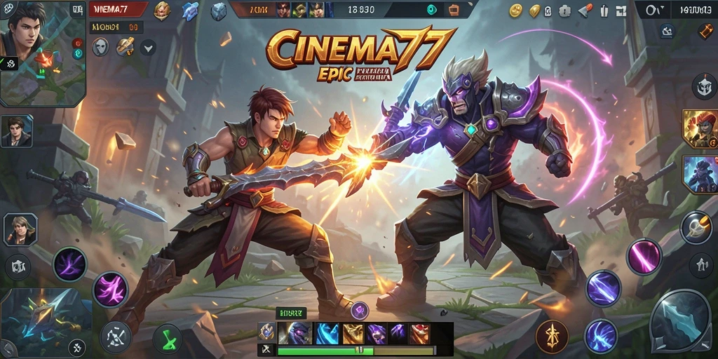 Screenshot utama CINEMA77 menunjukkan pertarungan seru antara karakter MOBA.